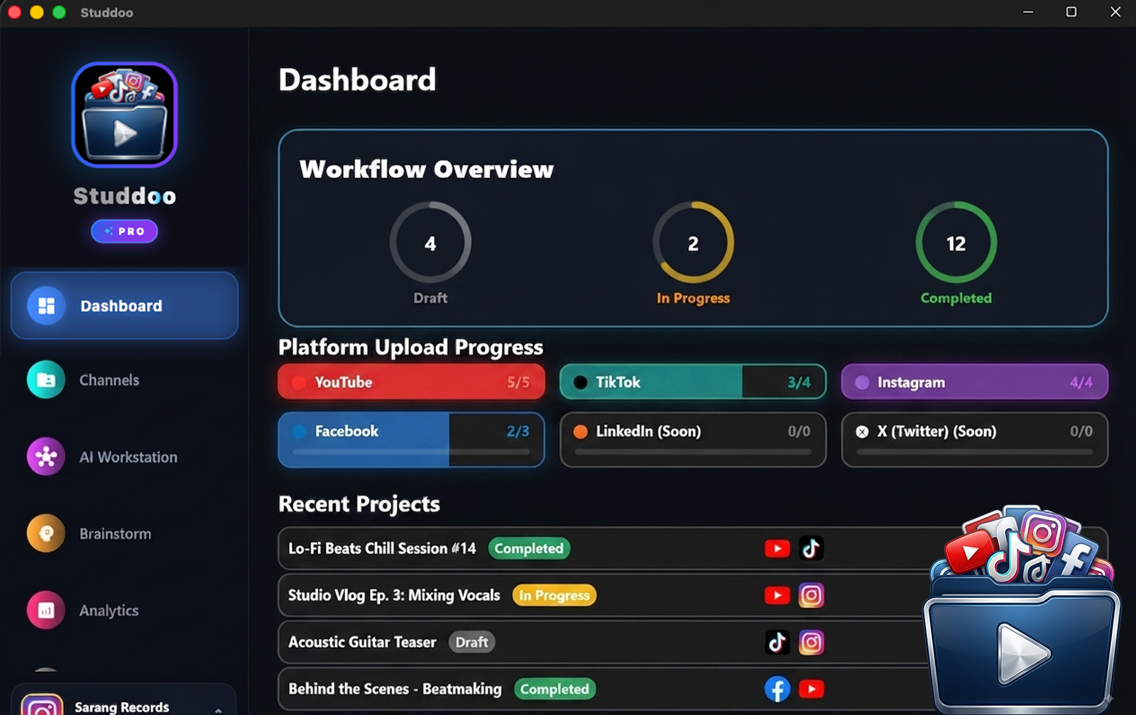 Studdoo AI content creation workspace dashboard